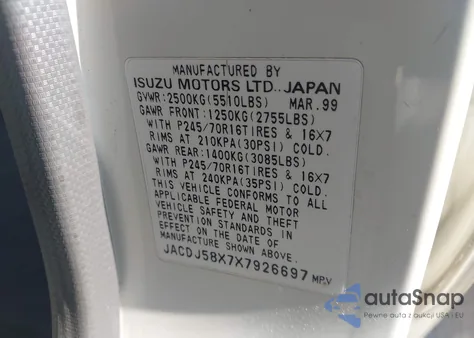 1999 Isuzu Trooper S из США, поврежденный, VIN JACDJ58X7X7926697